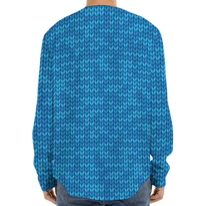 Blue Knitted Pattern Print Long Sleeve Baseball Jersey