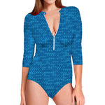 Blue Knitted Pattern Print Long Sleeve Swimsuit