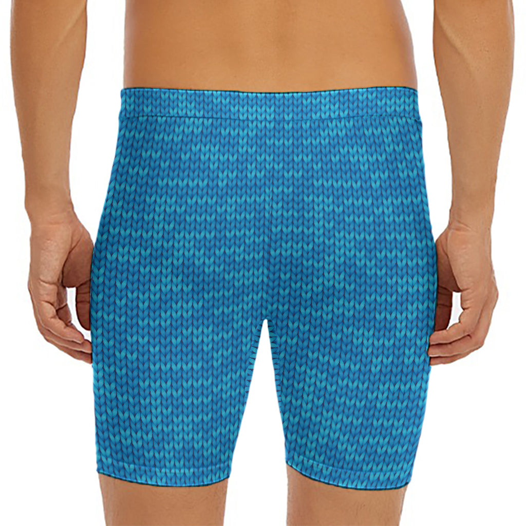 Blue Knitted Pattern Print Men's Long Boxer Briefs