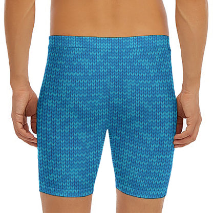 Blue Knitted Pattern Print Men's Long Boxer Briefs