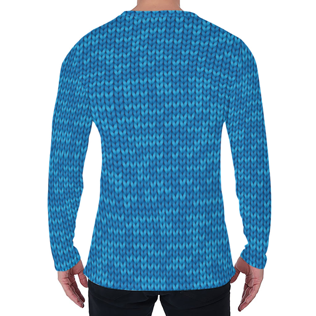 Blue Knitted Pattern Print Men's Long Sleeve T-Shirt