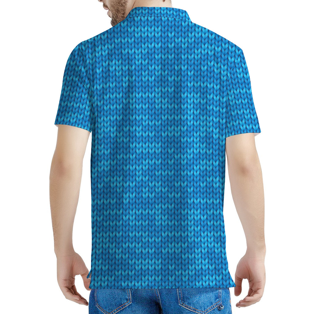 Blue Knitted Pattern Print Men's Polo Shirt