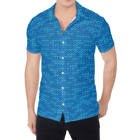 Blue Knitted Pattern Print Men's Shirt