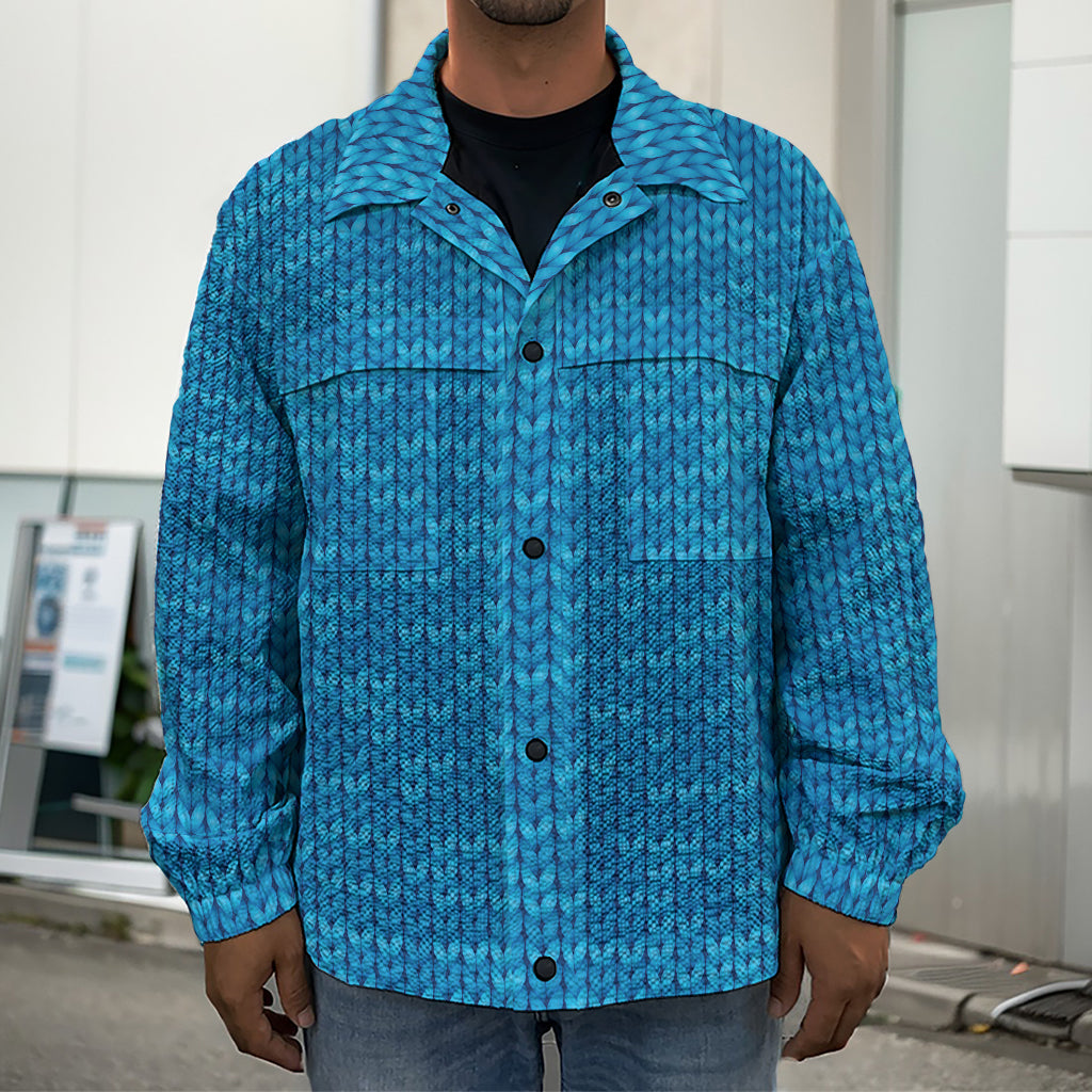Blue Knitted Pattern Print Men's Shirt Jacket