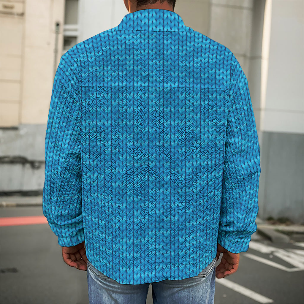 Blue Knitted Pattern Print Men's Shirt Jacket