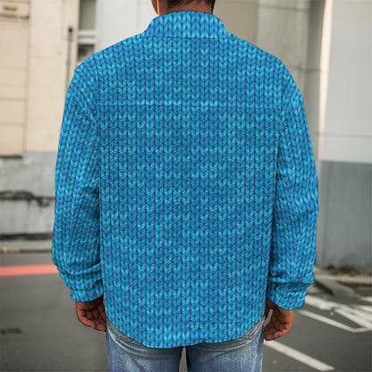 Blue Knitted Pattern Print Men's Shirt Jacket