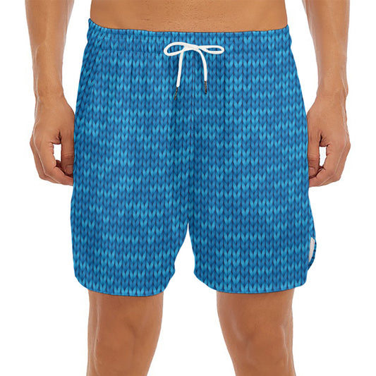 Blue Knitted Pattern Print Men's Split Running Shorts