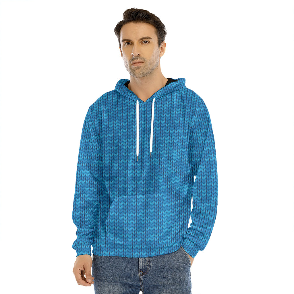 Blue Knitted Pattern Print Men's Velvet Pullover Hoodie