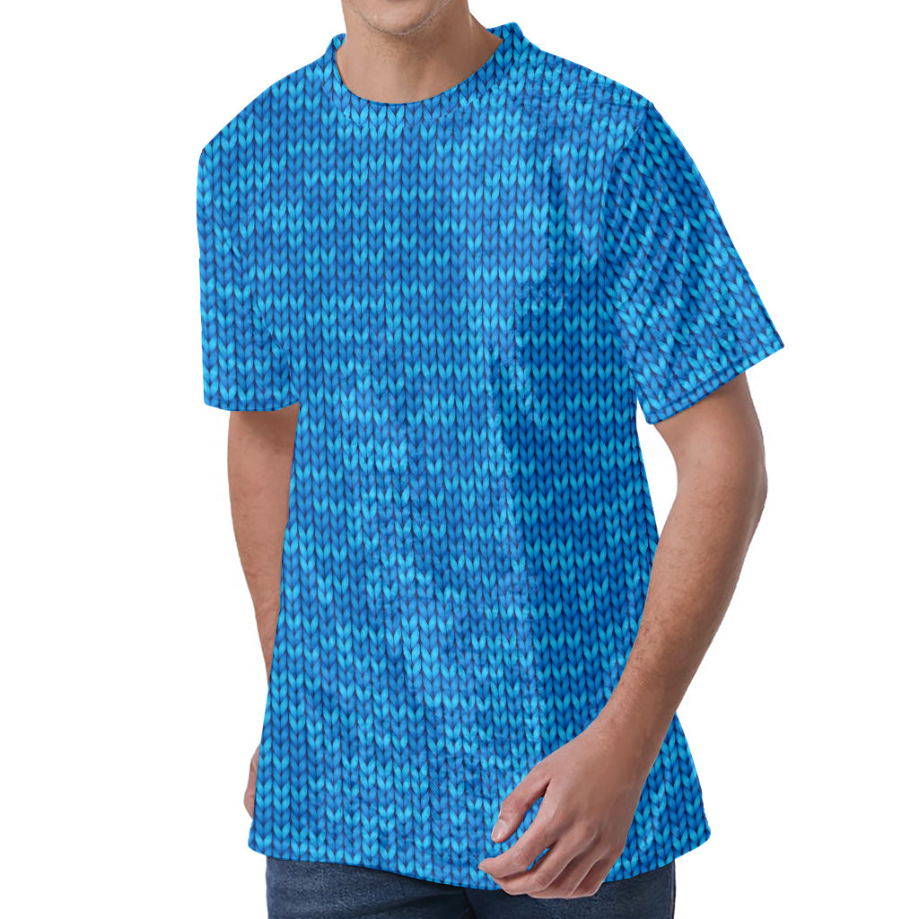 Blue Knitted Pattern Print Men's Velvet T-Shirt