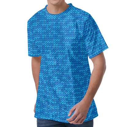 Blue Knitted Pattern Print Men's Velvet T-Shirt