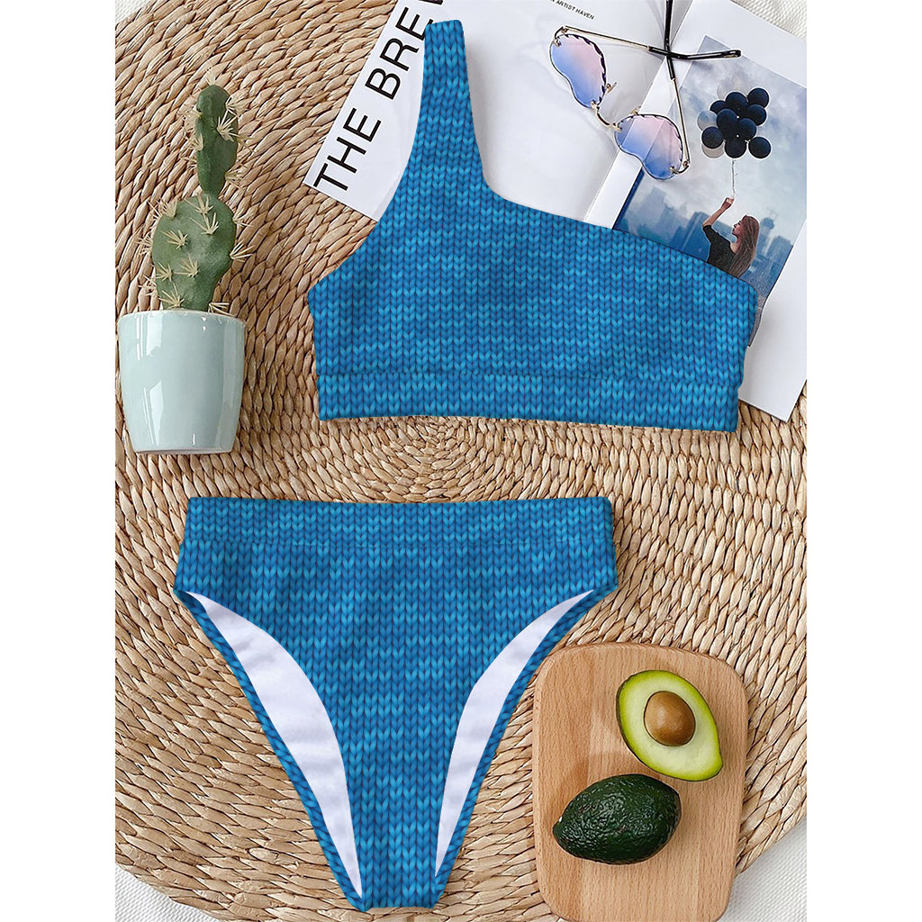 Blue Knitted Pattern Print One Shoulder Bikini Top