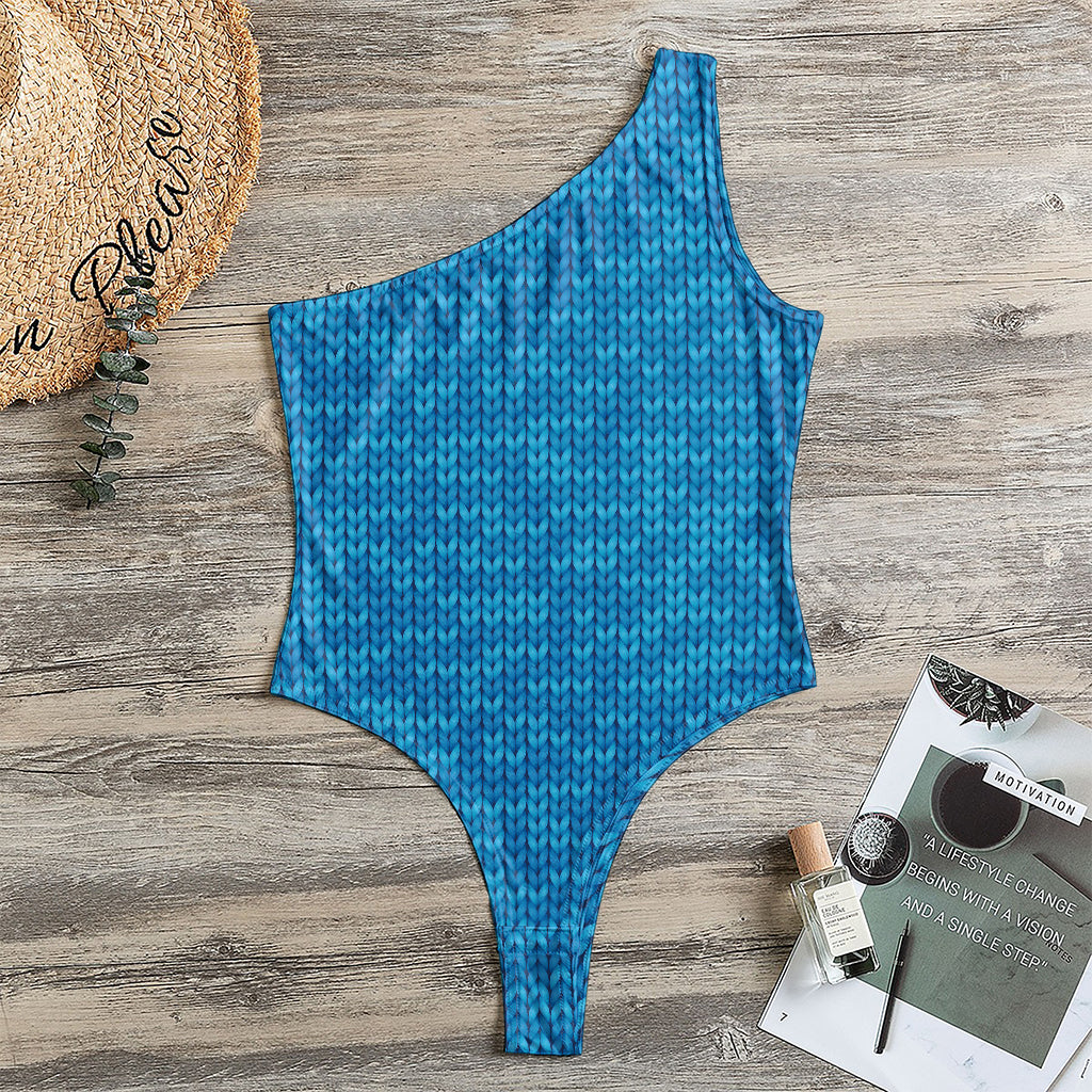 Blue Knitted Pattern Print One Shoulder Bodysuit
