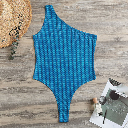 Blue Knitted Pattern Print One Shoulder Bodysuit