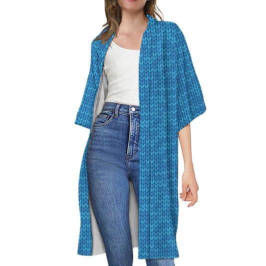 Blue Knitted Pattern Print Open Front Beach Cover Up