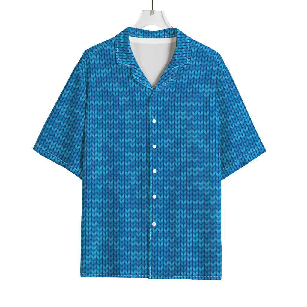 Blue Knitted Pattern Print Rayon Hawaiian Shirt