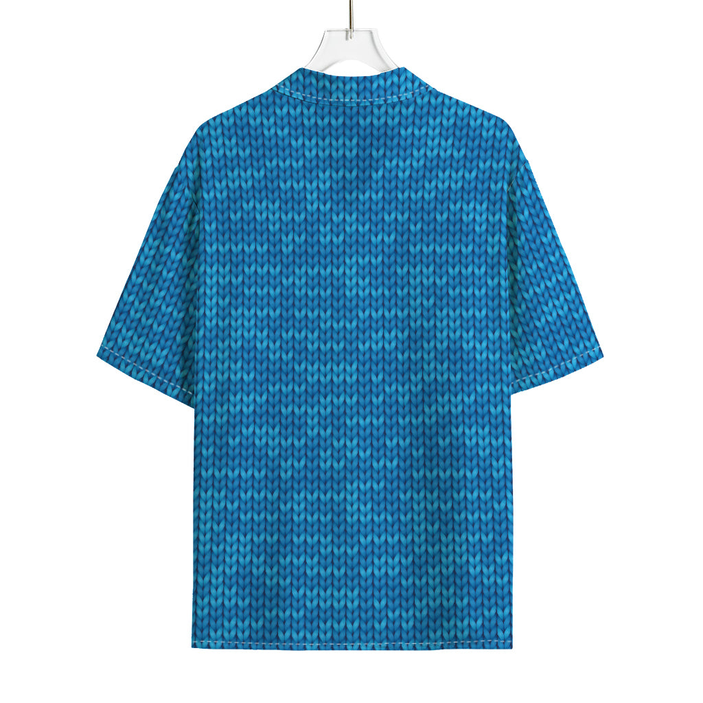 Blue Knitted Pattern Print Rayon Hawaiian Shirt