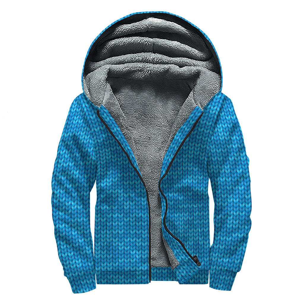 Blue Knitted Pattern Print Sherpa Lined Zip Up Hoodie
