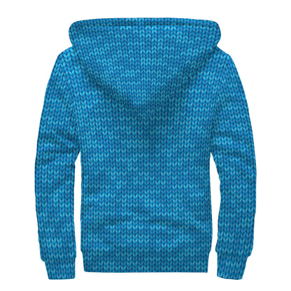 Blue Knitted Pattern Print Sherpa Lined Zip Up Hoodie