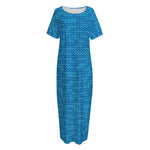 Blue Knitted Pattern Print Short Sleeve Long Nightdress