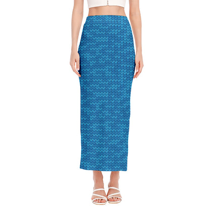 Blue Knitted Pattern Print Side Slit Maxi Skirt