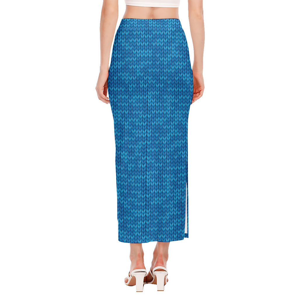 Blue Knitted Pattern Print Side Slit Maxi Skirt