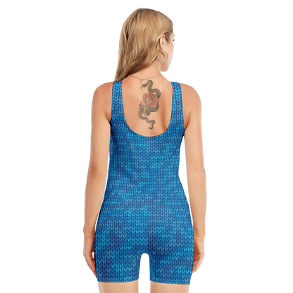 Blue Knitted Pattern Print Sleeveless One Piece Swimsuit