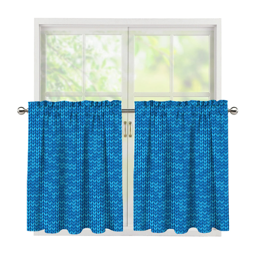 Blue Knitted Pattern Print Tier Curtains