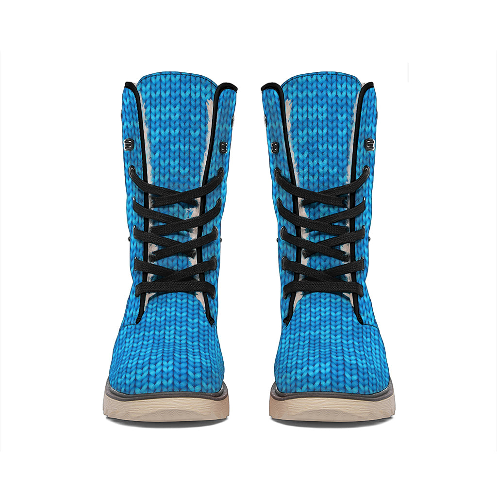 Blue Knitted Pattern Print Winter Boots