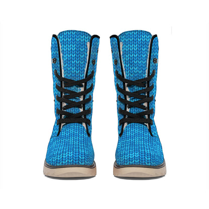 Blue Knitted Pattern Print Winter Boots