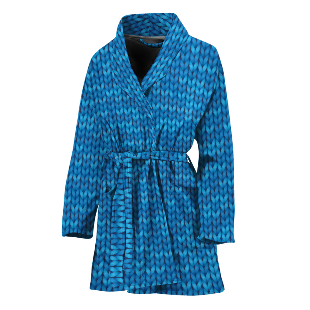 Blue Knitted Pattern Print Women's Bathrobe