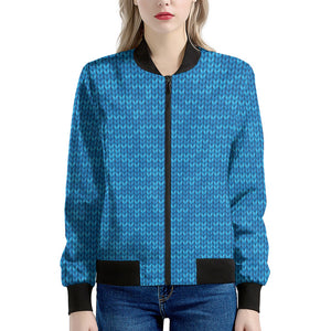 Blue Knitted Pattern Print Women's Bomber Jacket