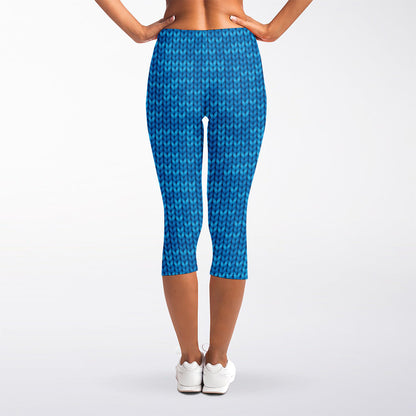 Blue Knitted Pattern Print Women's Capri Leggings
