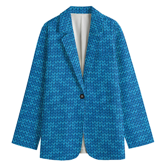 Blue Knitted Pattern Print Women's Cotton Blazer