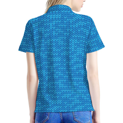 Blue Knitted Pattern Print Women's Polo Shirt