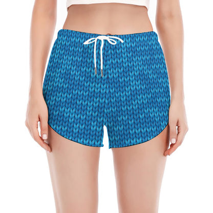 Blue Knitted Pattern Print Women's Split Running Shorts