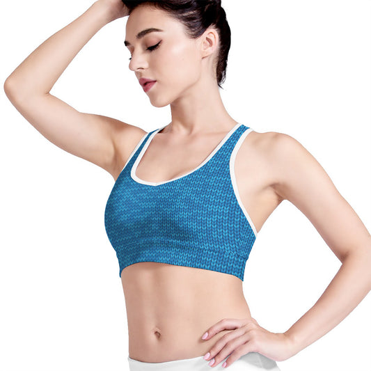 Blue Knitted Pattern Print Women's Sports Bra