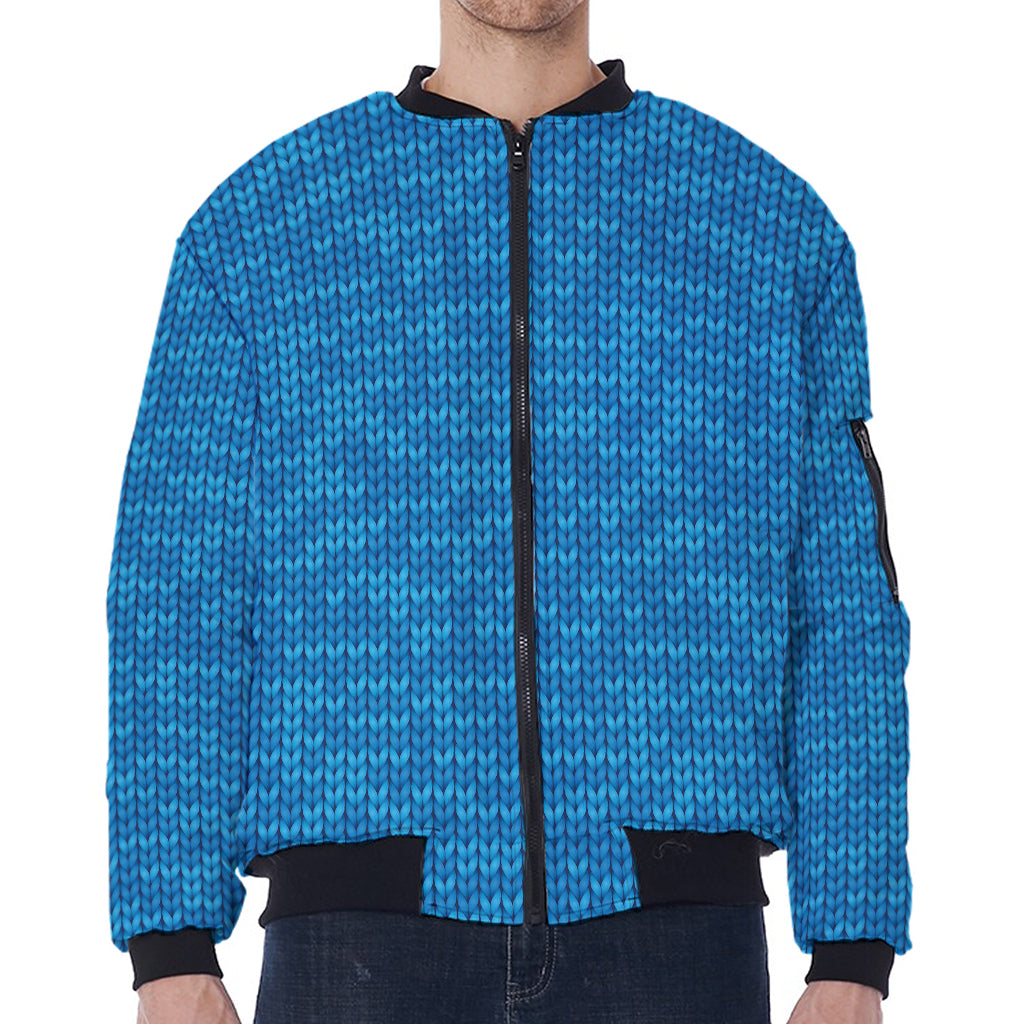 Blue Knitted Pattern Print Zip Sleeve Bomber Jacket