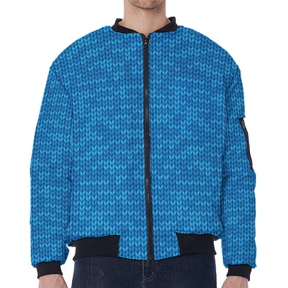 Blue Knitted Pattern Print Zip Sleeve Bomber Jacket