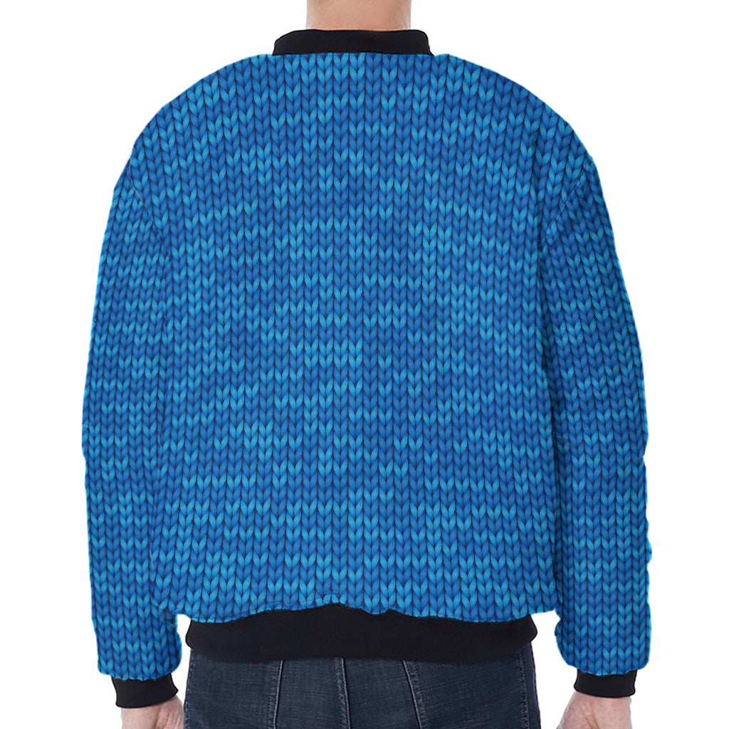 Blue Knitted Pattern Print Zip Sleeve Bomber Jacket