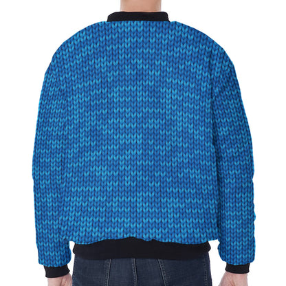 Blue Knitted Pattern Print Zip Sleeve Bomber Jacket