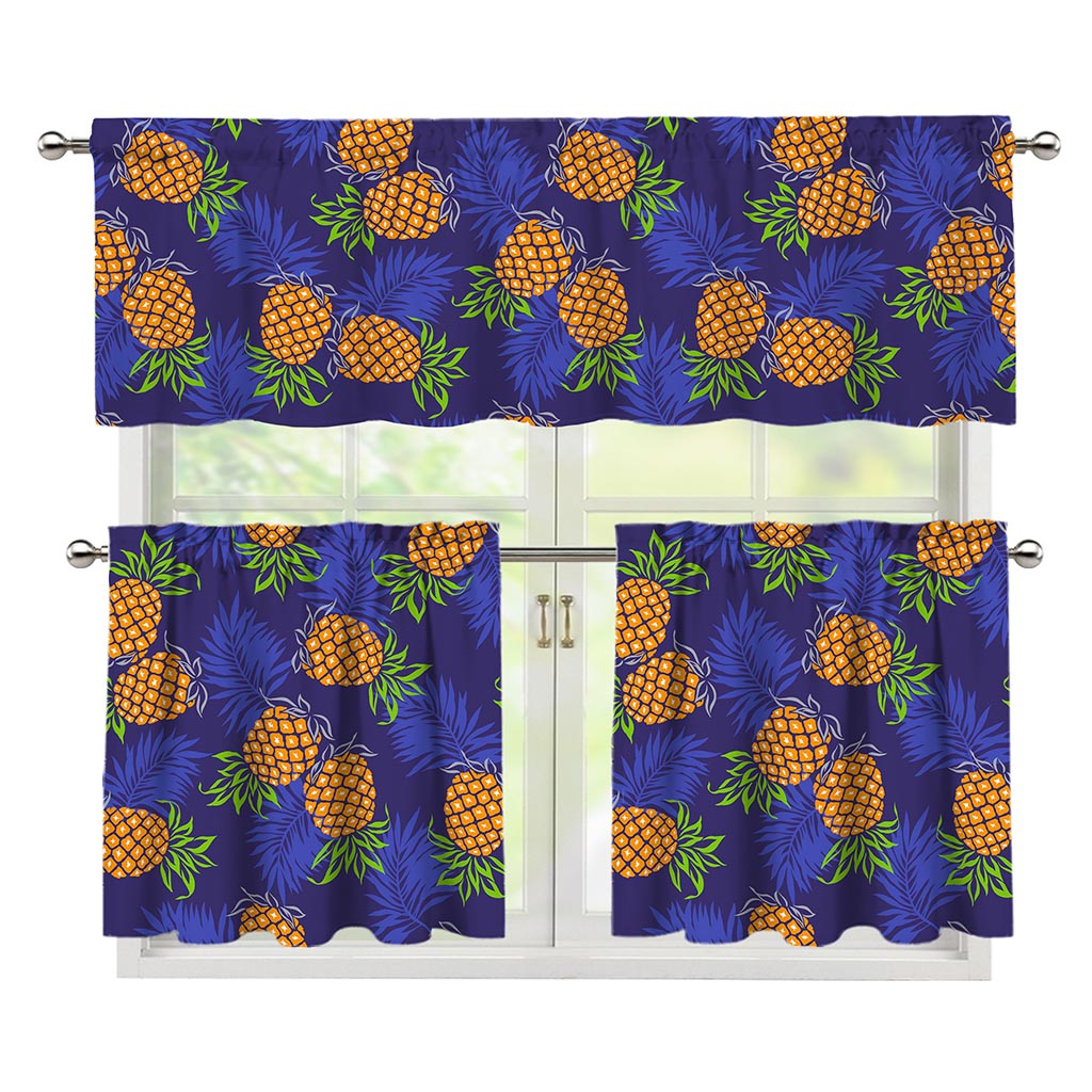 Blue Leaf Pineapple Pattern Print 3 Piece Kitchen Curtains