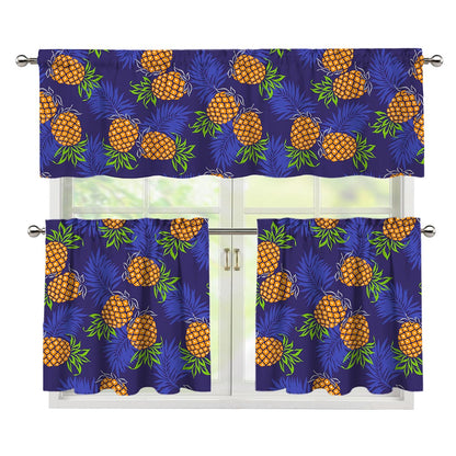 Blue Leaf Pineapple Pattern Print 3 Piece Kitchen Curtains