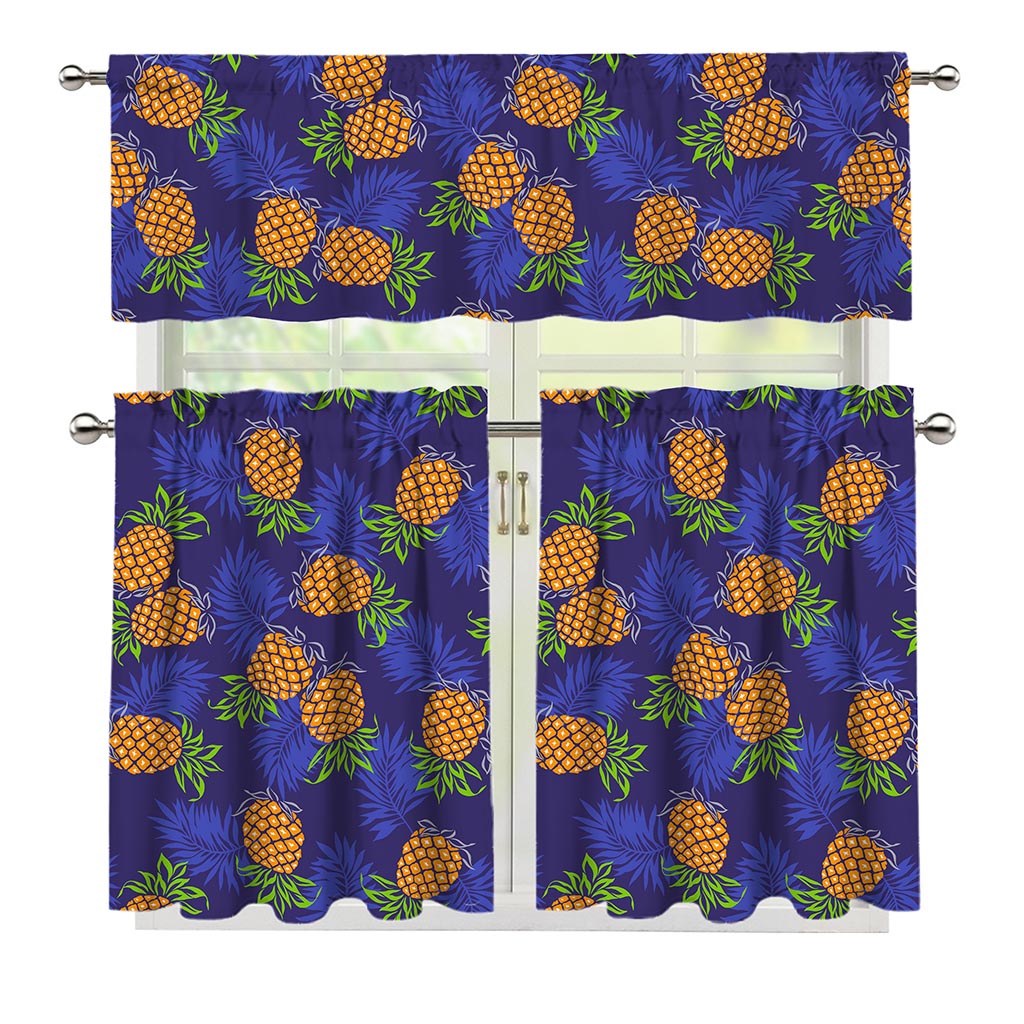 Blue Leaf Pineapple Pattern Print 3 Piece Kitchen Curtains