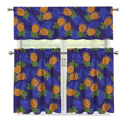 Blue Leaf Pineapple Pattern Print 3 Piece Kitchen Curtains