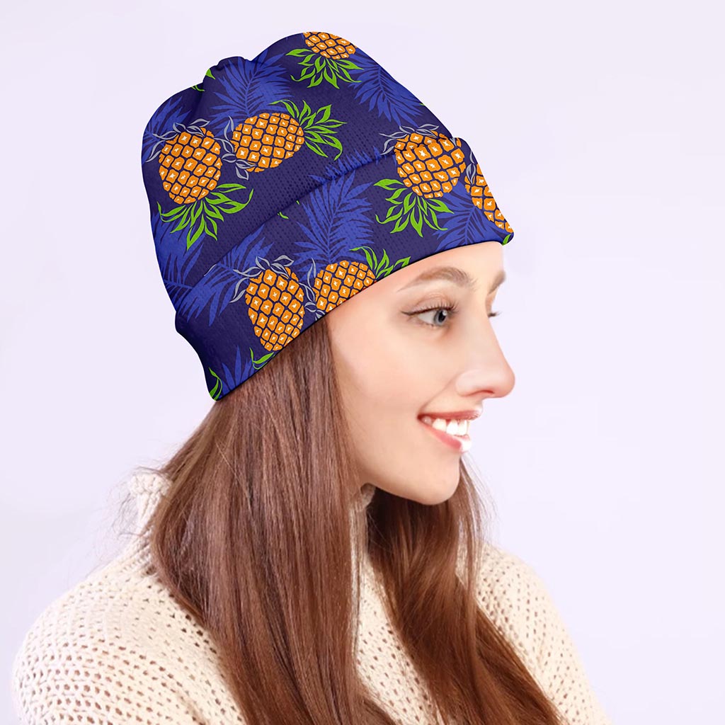 Blue Leaf Pineapple Pattern Print Beanie