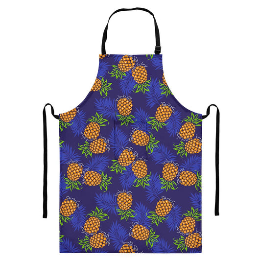 Blue Leaf Pineapple Pattern Print Bib Apron With Pocket