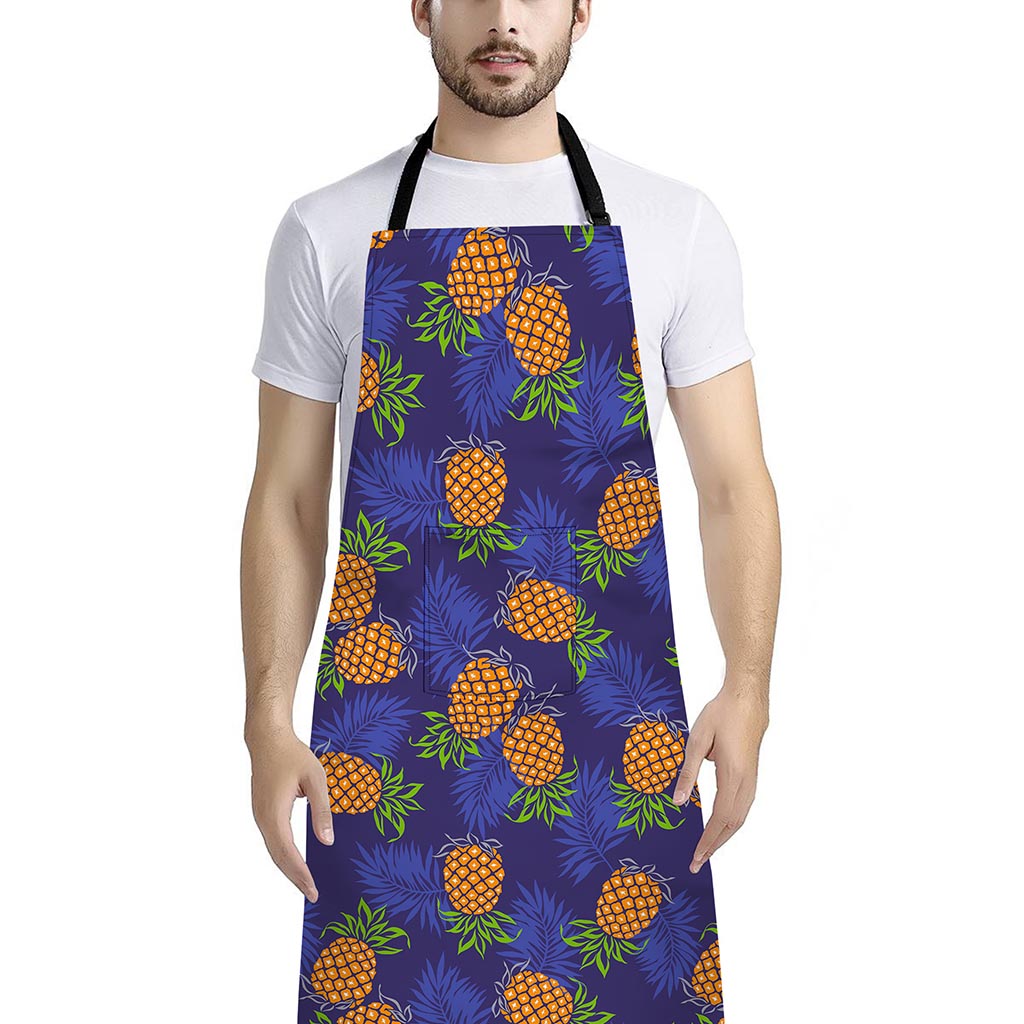 Blue Leaf Pineapple Pattern Print Bib Apron With Pocket