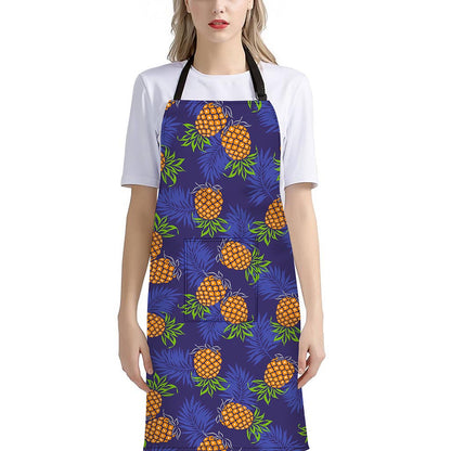 Blue Leaf Pineapple Pattern Print Bib Apron With Pocket
