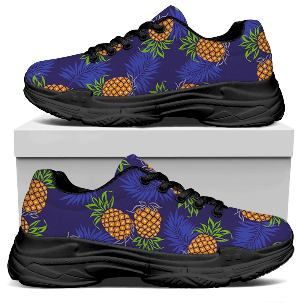 Blue Leaf Pineapple Pattern Print Black Chunky Shoes