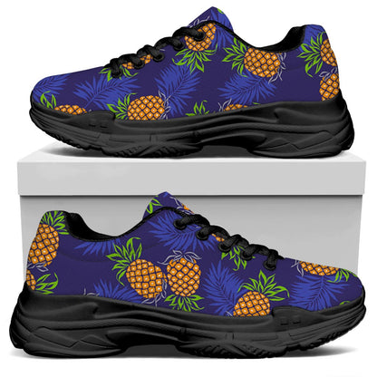 Blue Leaf Pineapple Pattern Print Black Chunky Shoes
